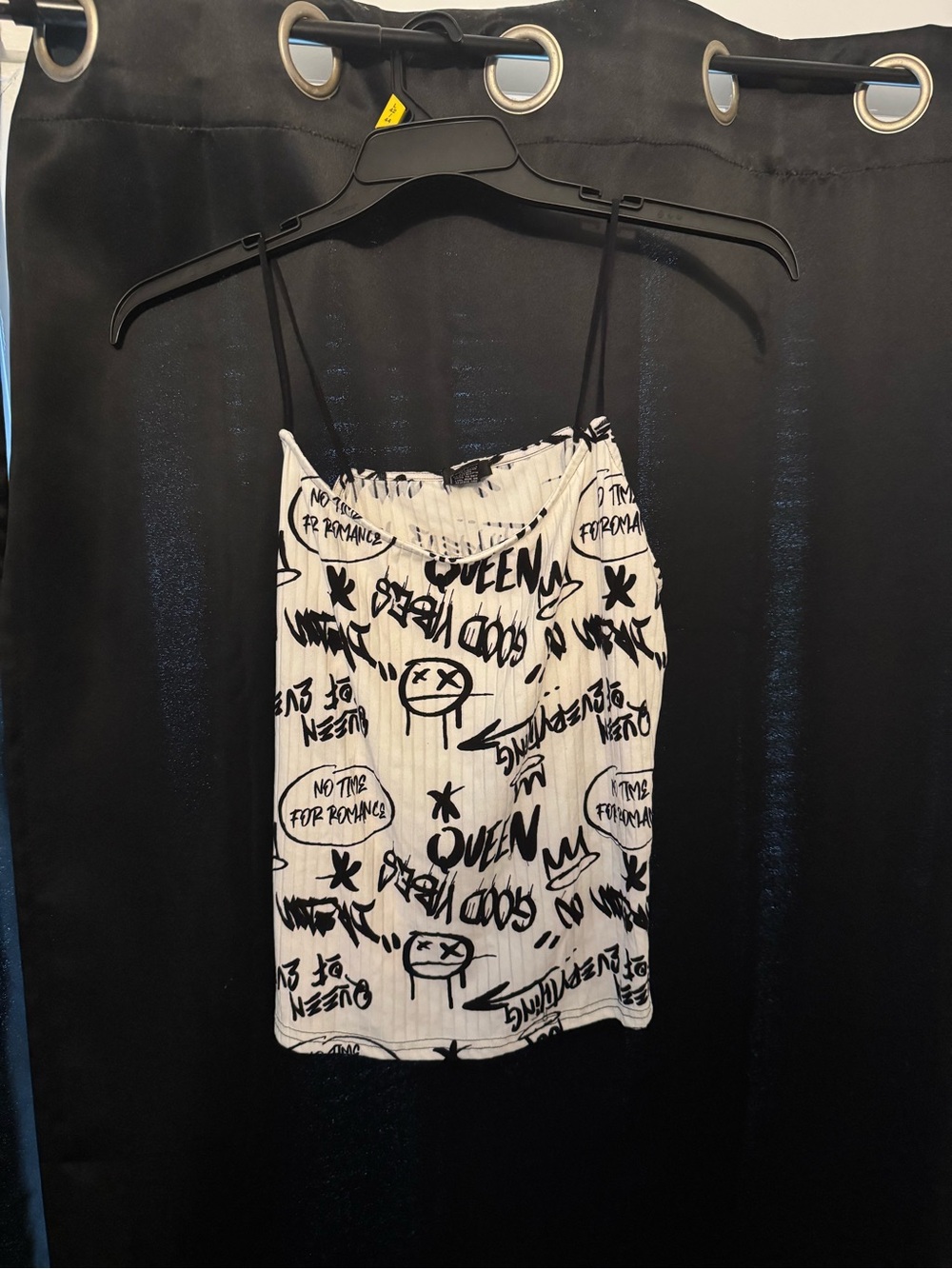White Graphic Ribbed Cami Tank Top with Black Print